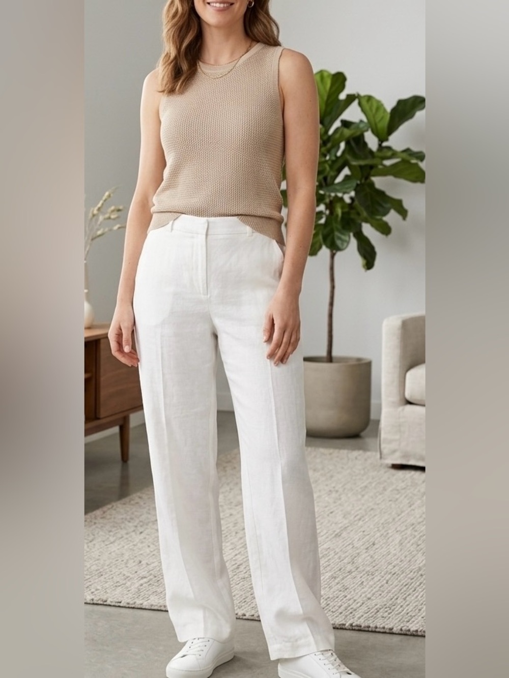 H&M Off White 100% Linen Wide Leg Trousers Size 2 High Rise Premium Pockets